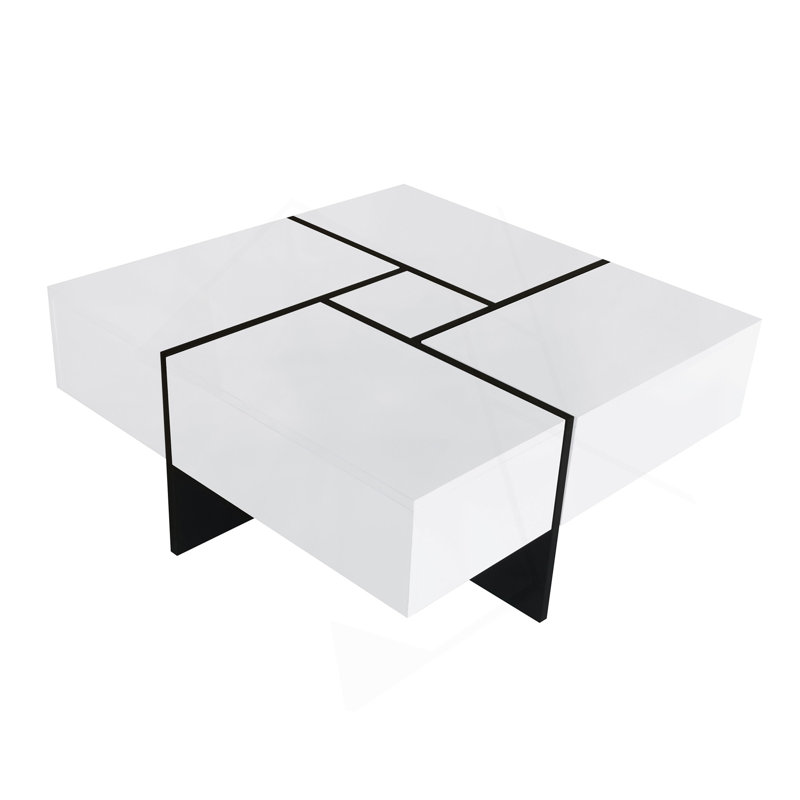 Unique Design Coffee Table with 4 Hidden Storage Compartments, White, Black
