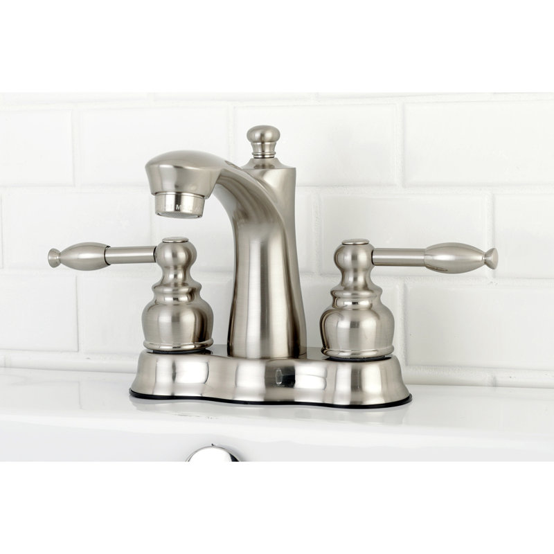 Kingston Brass Knight Two-Handle 3-Hole Deck Mount 4" Centerset Bathroom Faucet with Plastic Pop-Up, Brushed Nickel