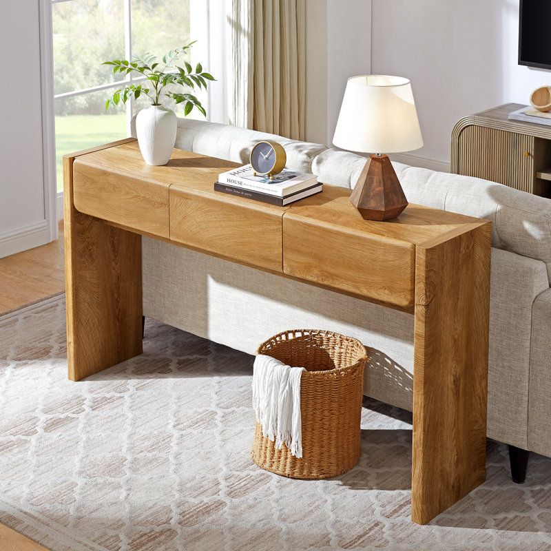 63' Farmhouse Console Table, Entryway Table, Narrow Console Sofa Table With 3 Top Drawers, Chêne noueux clair