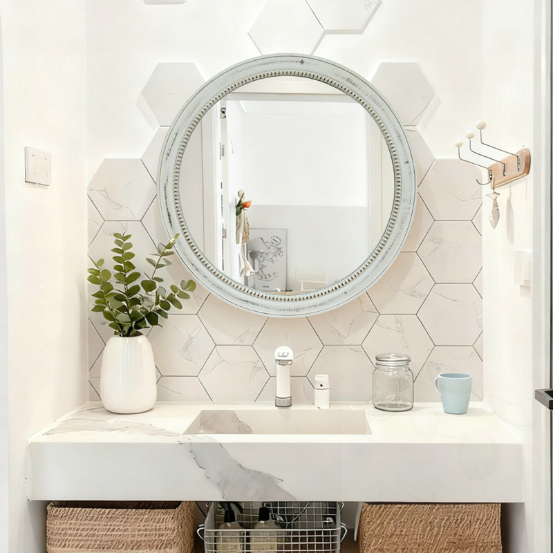 Round Beaded Wall Mirror, White