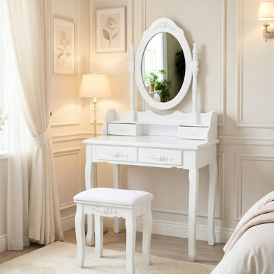 Bureau de coiffeuse blanc avec miroir pivotant à 360 °, rangement à 4 tiroirs, tabouret confortable, assemblage facile pour la chambre à coucher, table de maquillage en bois rotative, structure spacieuse rembourrée