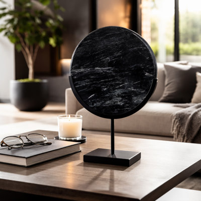 Decorative Round Marble Sculpture with Iron Stand for Home Decor - Decorative Statue for Living Room Decorations - Black