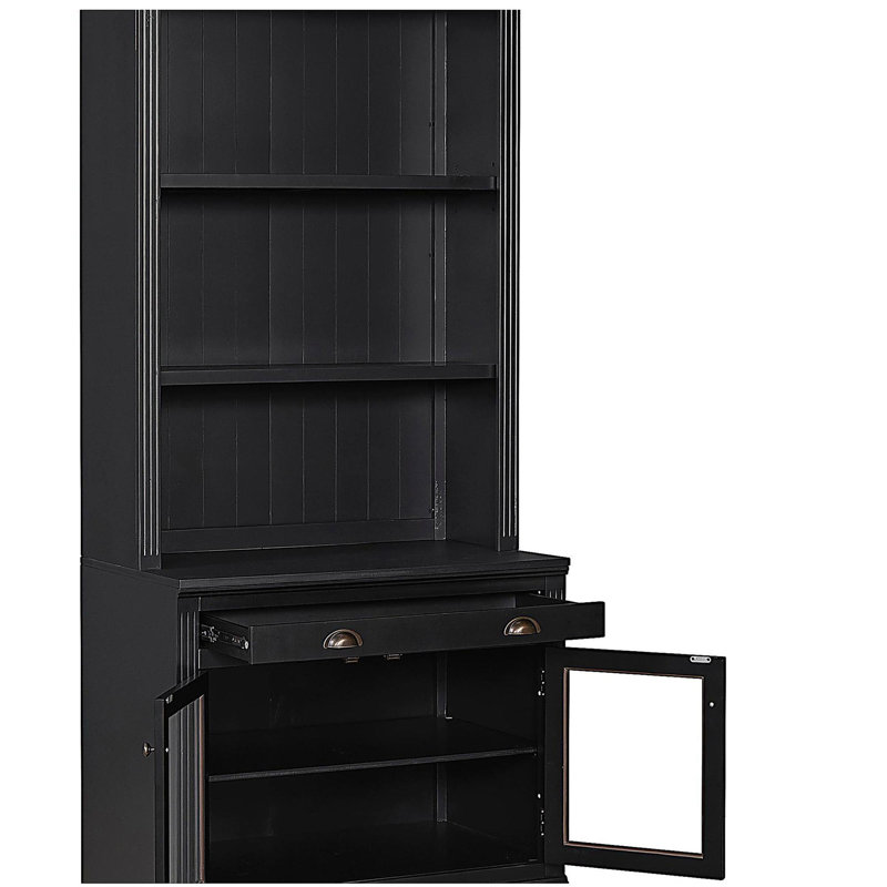 Bibliothèque moderne avec 2 portes en verre et 1 tiroir, bibliothèque de 83,4 po de hauteur avec éclairage DEL, bibliothèque de rangement avec tablettes ouvertes