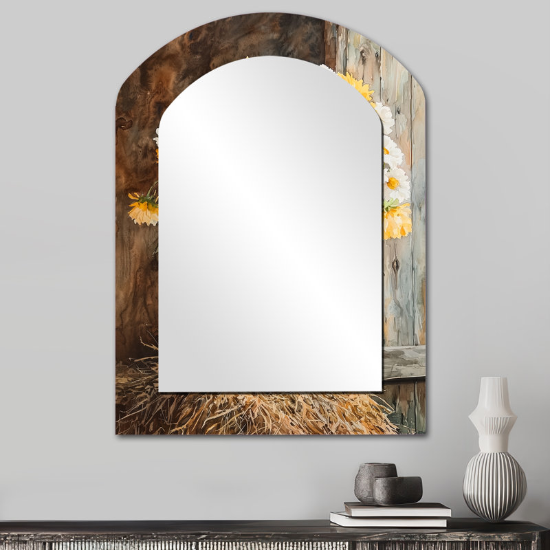 Sunflower And Peony Bouquet At The Farm II - Sunflowers Asymmetrical Unique Wall Mirror, Traditional Arch Mirror, Printed Metal Art