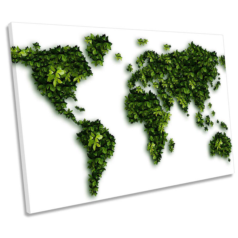 X5751 World Map Green Leaves - Wrapped Canvas Print, 30.5cm H x 45.7cm W