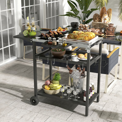 Chariot de cuisine d'extérieur transportable, plateau de table en acier inoxydable, 2 tablettes d'assaisonnement, roulettes, crochets, porte-serviettes et sac à ordures, couches de table de bar de patio noir, poubelle