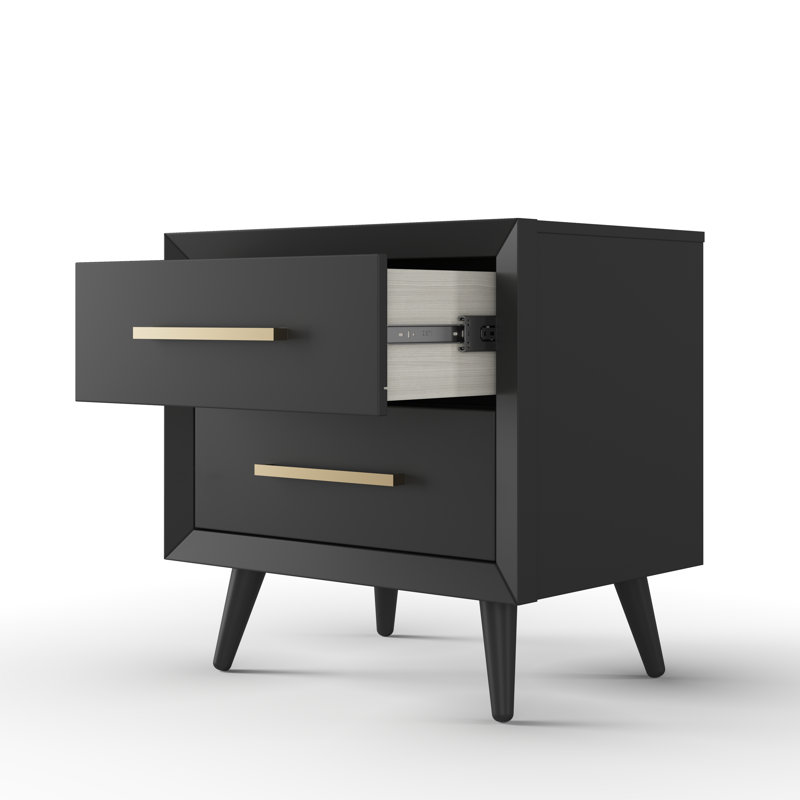 Ebony Pine Wood 2-Drawer Mid-Century Modern Nightstand