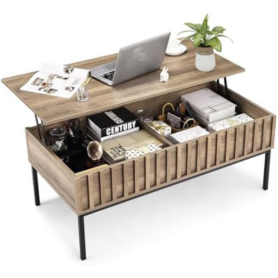 43" Lift Top Coffee Table w/Hidden Storage, Wood & Metal Legs, Farmhouse End Table