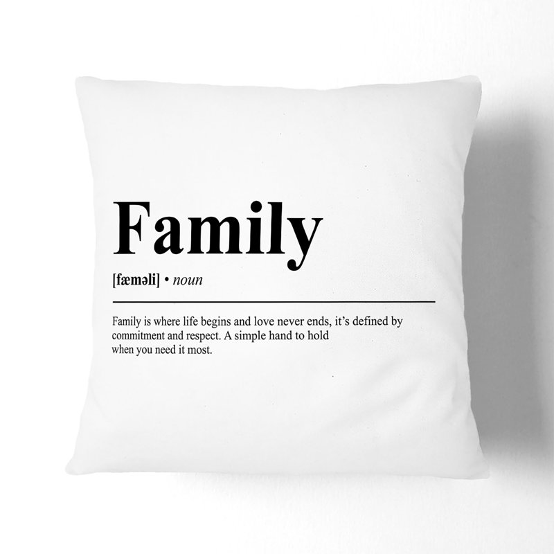 Dictionary Family Typography Square Throw Cushion, 55cm H x 55cm W x 20cm D, White