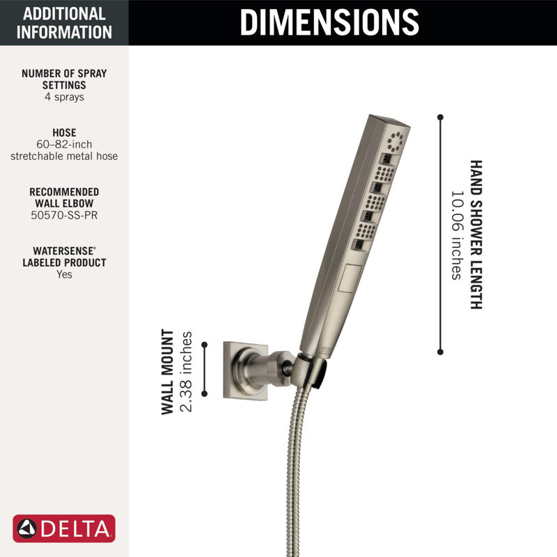 Pomme de douche murale Tetra H2Okinetic, douche à main à 4 réglages, douche à main avec boyau, Argent