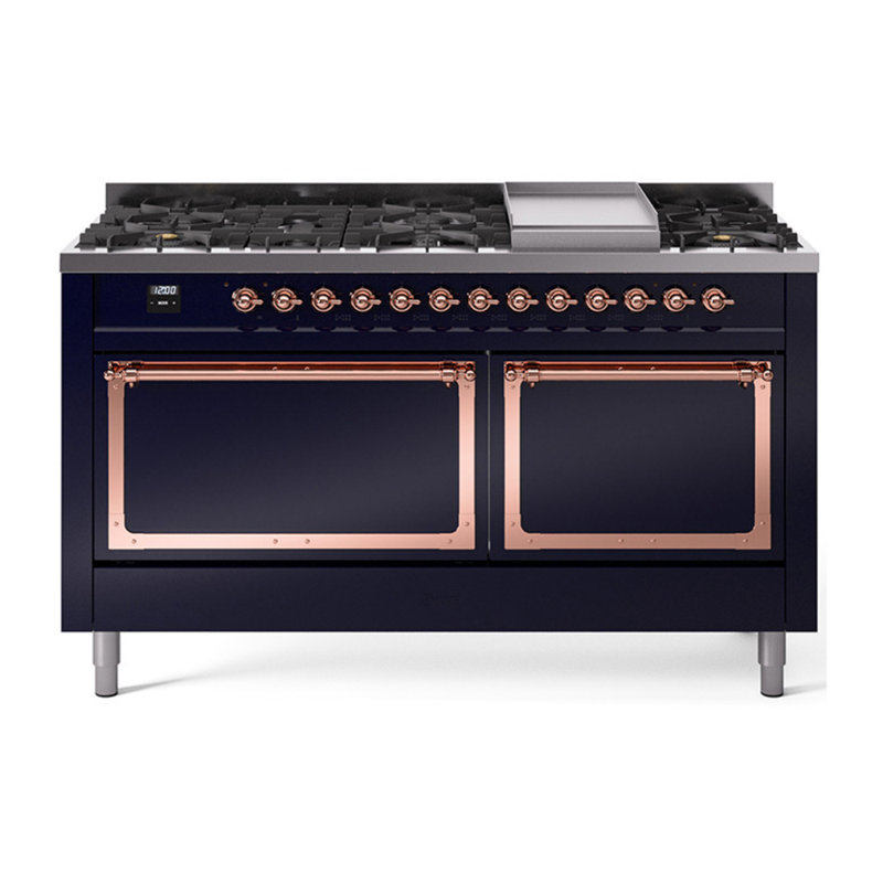 ILVE Nostalgie II Noblesse 60 in Dual Fuel Range, 9 Burner, Griddle, Midnight Blue/Copper, Natural Gas