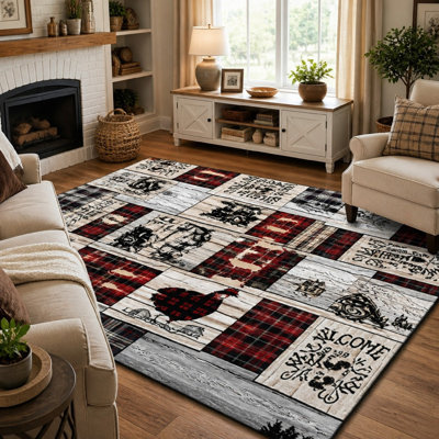Tapis d'appoint en patchwork à carreaux avec coq, motif rustique et bois, idéal pour le salon, la chambre à coucher, la cuisine, le couloir ou toute autre pièce de la maison.