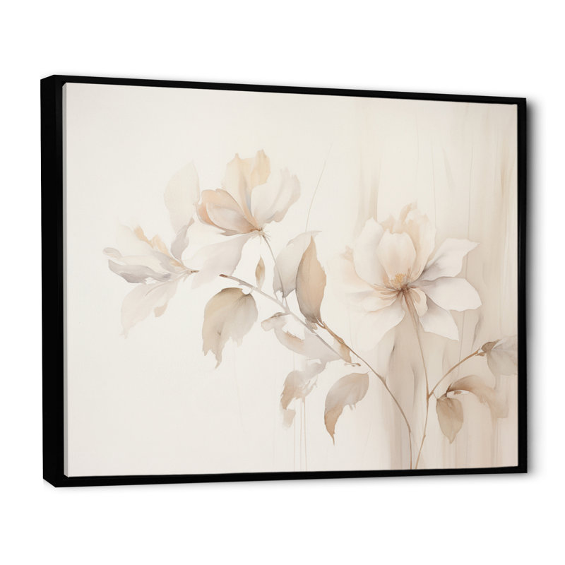 «White Botanical Elegance II - Abstract Botanicals, art mural sur toile, Cadre flottant noir, H 34 po x l 44 po x P 1,5 po
