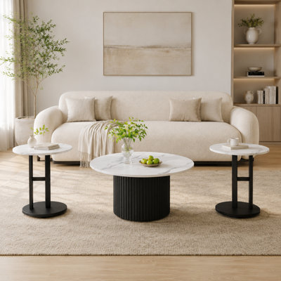 Ensemble de 3 tables basses gigognes modernes, tables basses rondes et tables d'appoint avec plateau en faux marbre, pieds d'appoint en métal nervuré pour salon, petit espace et appartement