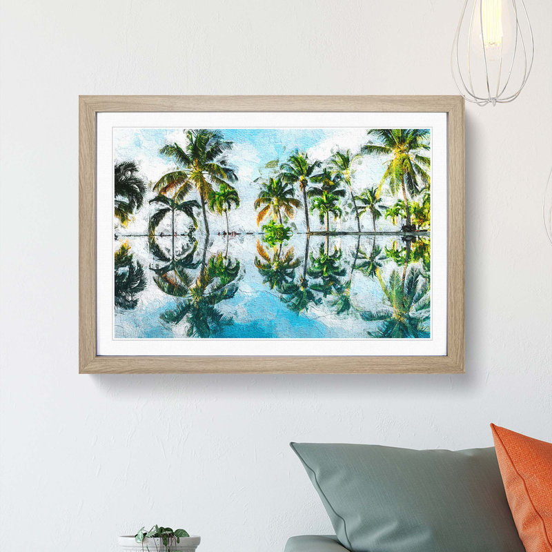 Palm Tree Reflections in Mauritius - Picture Frame Painting Print, 48cm H x 65cm W x 2cm D, Oak Framed