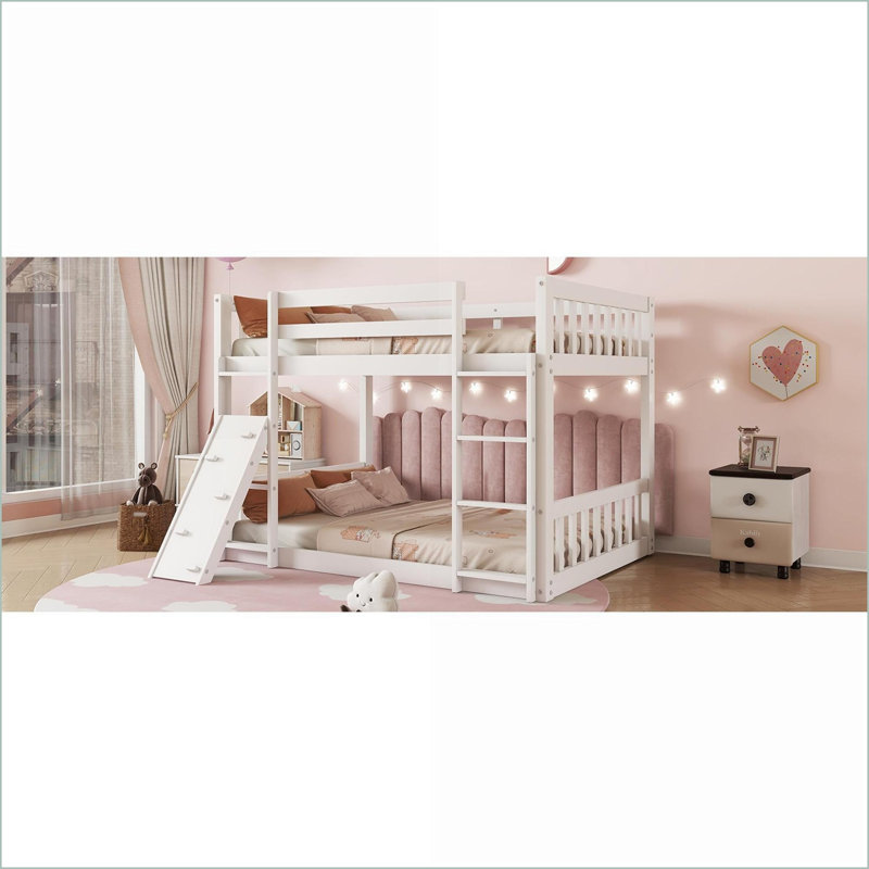 Twin Over Twin Solid Pine Floor Bunk Bed with Climbing Ramp &amp; Ladder, No Box Spring Needed, White Bedroom Furniture