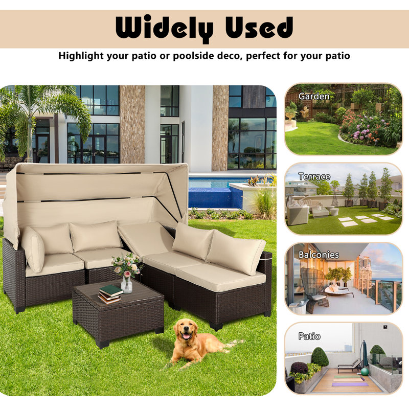6 Pieces Patio Furniture Set Daybed with Retractable Canopy and Adjustable Backrest, Khaki