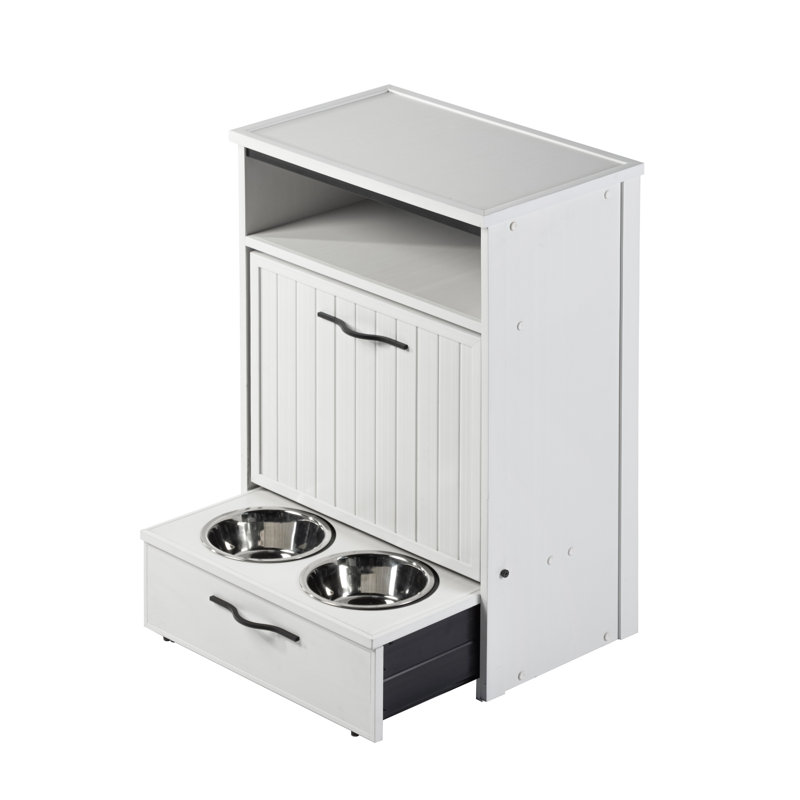 Station d'alimentation pour chien Ian ECOFLEX avec rangement intégré et bols doubles, Blanc antique