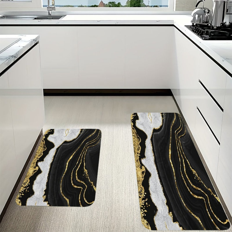 Ensemble de 2 tapis de cuisine en marbre pour la cuisine, or noir
