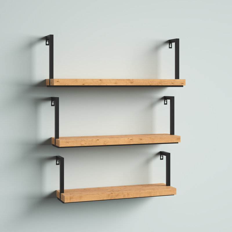 Wood Minimalistic Floating Brown Wall Shelf with Black Metal Frames Set