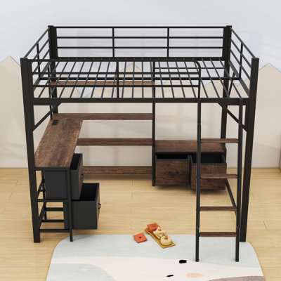 Metal Loft Bed With Shelves And Desk And Drawers And LED And Charging Station