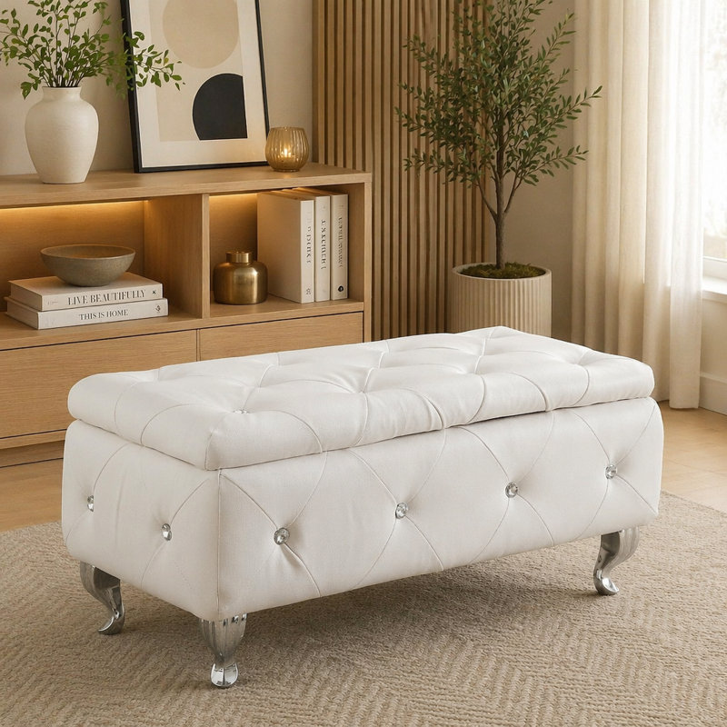 Banc de rangement capitonné en cuir reconstitué blanc avec décor en cristal