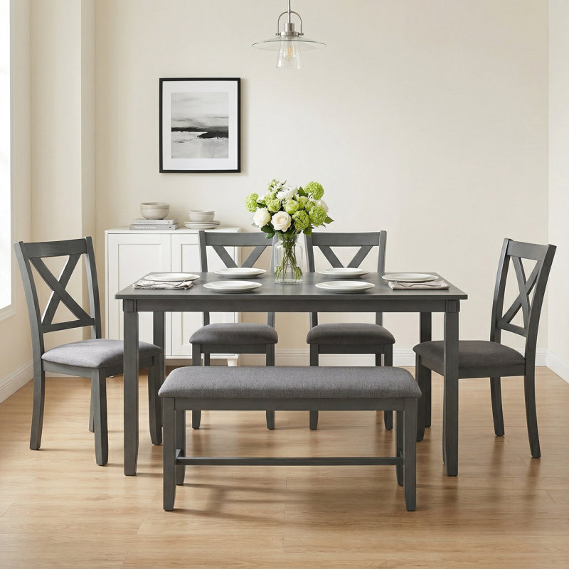 Bremble Vintage style 6 - Piece Dining Set with x-back dining chairs and bench for dining area, Gray