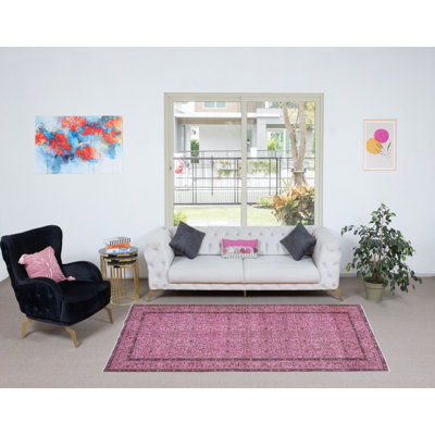 Tapis turc de 5,2 x 9 pi fabriqué à la main en laine rose clair et en coton moderne