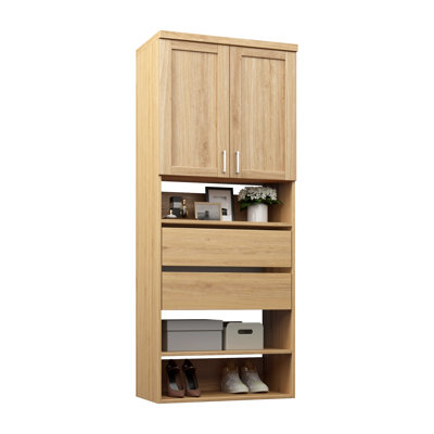 Natural Oak 25.5" Wall-Mounted Closet Section with Shaker Doors, 6 Shelves & 2 Reveal Drawers