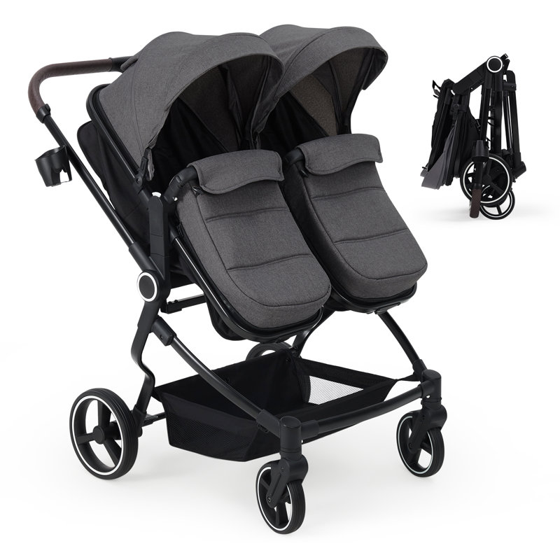 Lightweight Double Stroller for Twins – Compact Fold, High Landscape Seat, Adjustable Canopy & Recline, 5-Point Harness, Reversible Seating, Parent Cup Holder – Infant & Toddler Pram – Dark Gray