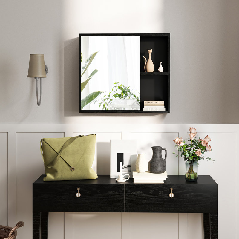 Rangement mural pour armoire à pharmacie de salle de bain avec porte miroir simple, Noir, noir, noir, noir
