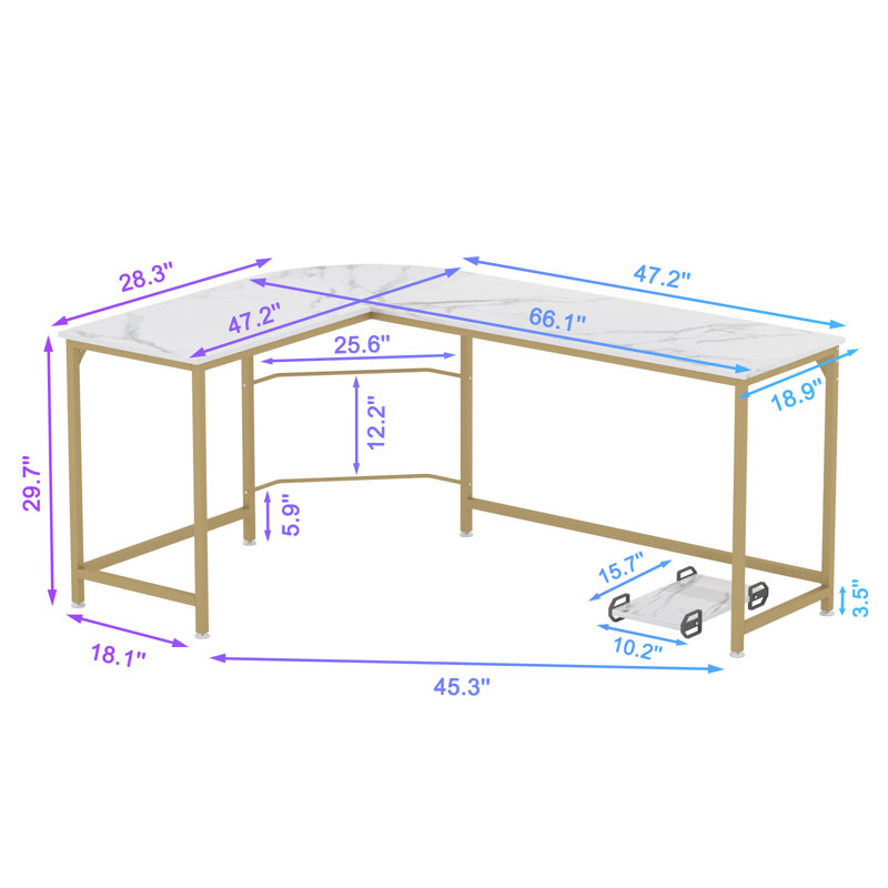 Rory L-Shaped Metal Base Computer Desk, White, 29.7" H x 66.1" W x 47.2" D