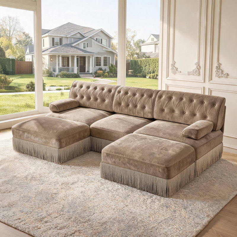 Canapé d'angle modulaire Chesterfield en forme de U, capitonné, jupe à franges ras du sol, velours respirant, ergonomique