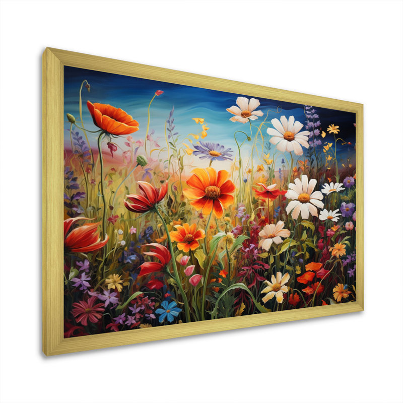 Fleurs colorées, symphonie III, art mural fleurs sauvages, H 16 po x l 32 po x P 1 po, Cadre doré