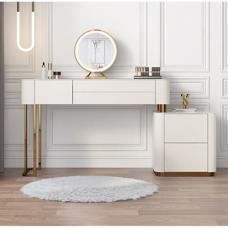 Bureau de meuble-lavabo de luxe moderne avec pieds en métal doré et tiroirs multiples, H 29,53 po x l 55,12 po x P 15,75 po