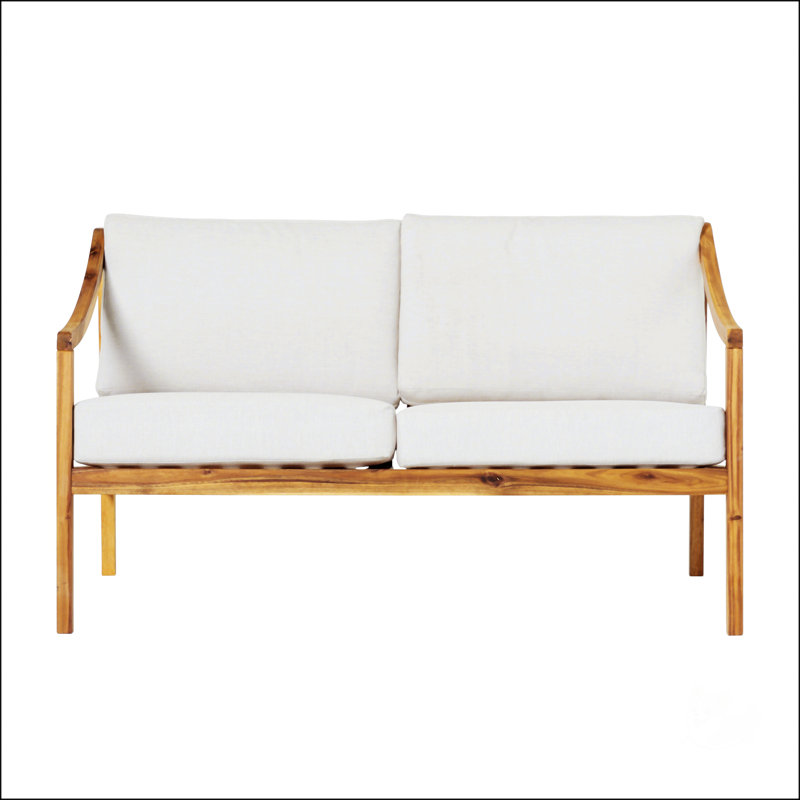 Natural Solid Acacia Wood Curved Arm Outdoor Loveseat with Beige Cushions