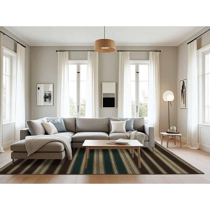 Tapis brun à rayures horizontales lavable à la machine, Rectangulaire 8 pi x 12 pi