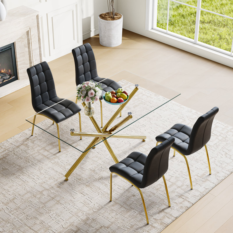 5-Piece Modern Dining Set – Rectangular Glass Table With Metal Base & 4 Faux Leather High-Back Chairs, Gold/Black, Gold