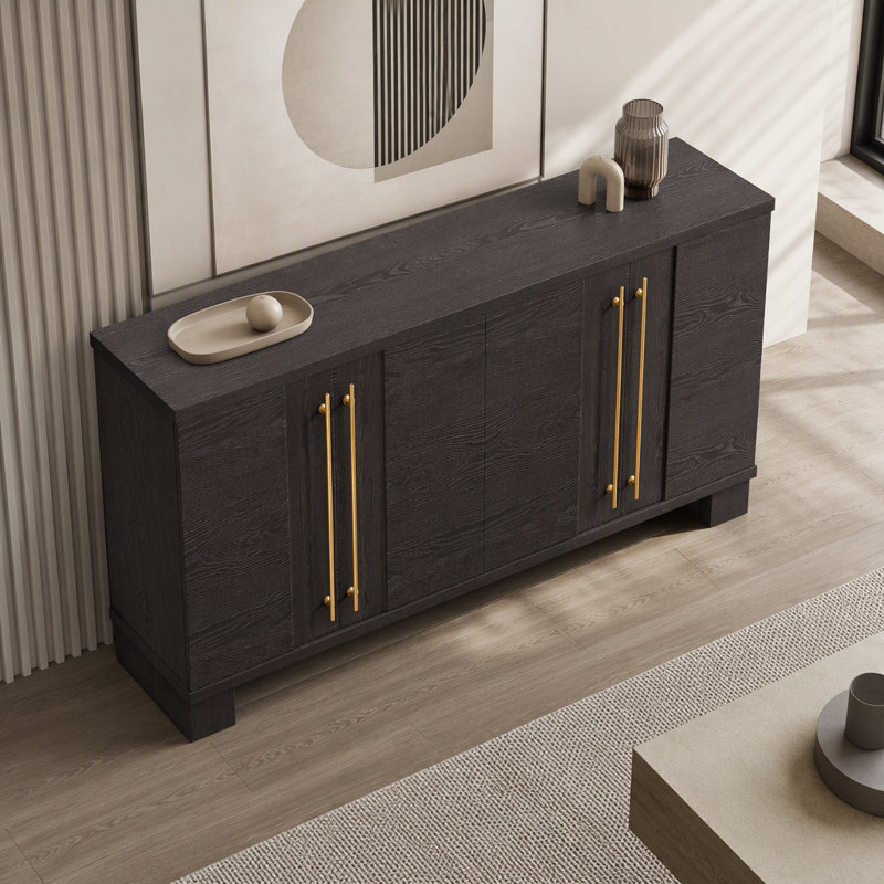Buffet en bois avec rangement, étagères ajustables, poignées dorées, couleur taupe pour cuisine et salle à manger