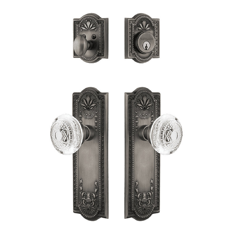 Nostalgic Warehouse Meadows Entry Set with Crystal Egg & Dart Knob, Antique Pewter, 2.75