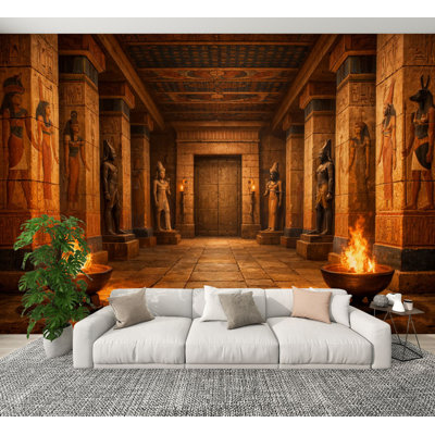 Peel and Stick Wallpaper Ancient Egyptian Temple Interior Hieroglyph Walls Statues Torchlight Wall Murals 69"H x 96"W Removable PVC Wall Paper Self-Adhesive Wall Decor for Bedroom Living Room Home Office