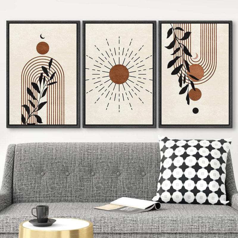 «Boho Mid-Century Geometric Monstera Palm Leaf Abstract Art Modern Art Landscape Colorful», 3 pièces, Noir, noir, noir, noir