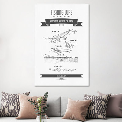 Raymond McVay Fishing Lure Patent Sketch Retro (Charcoal) IV by Aged Pixel - Wrapped Canvas Print