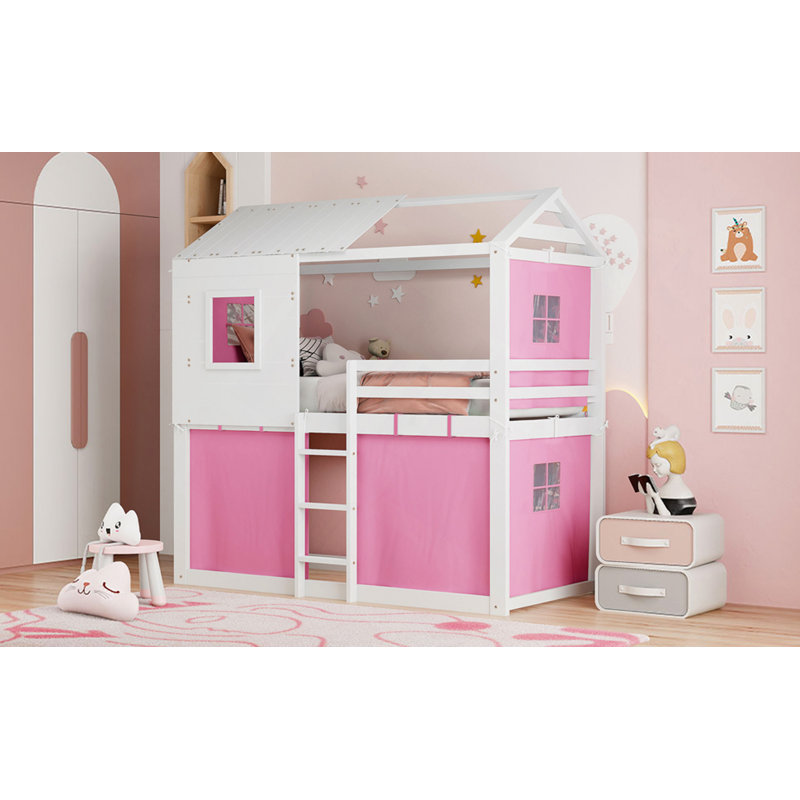 Lit superposé en bois avec tente, Rose/Blanc