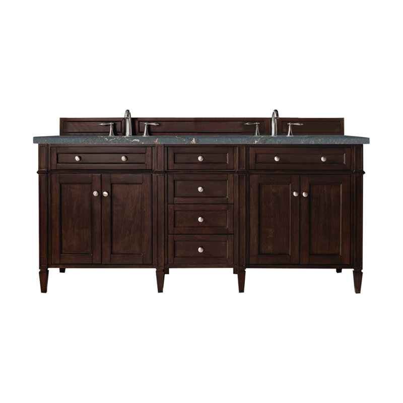 Brittany 72" W Double Vanity, Burnished Mahogany, 8" Widespread, Parisien Bleu