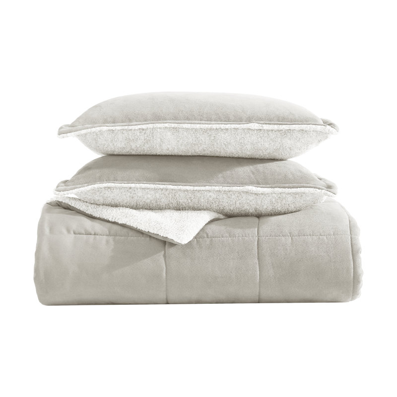 Annie Wrangler Legendary Solid Microsuede/Sherpa Reversible Comforter Set, Ivory, Queen Comforter + 2 Standard Shams