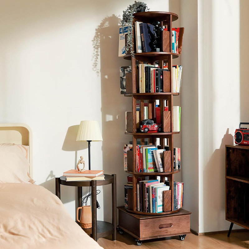 Bibliothèque tournante en bois massif, bibliothèque à 360 ° avec 1 tiroir, tour de bibliothèque rotative avec roulettes, bibliothèque de 72 pouces de hauteur pour les petits espaces, bibliothèque pivotante pour bureau personnel, finition noyer