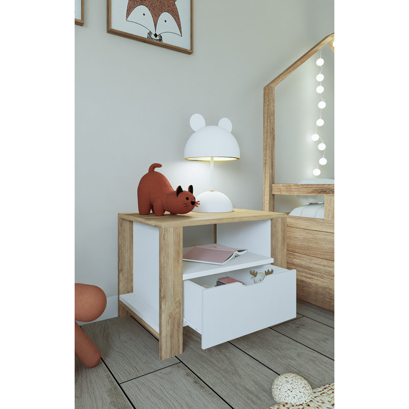 Modern Nightstand, Light Walnut & White, 23.6 x 16.5 x 16.0 inches | 100% Melamine Coated Particle Board, Thickness: 0.7 inches | Scandinavian Design, Stylish Storage Solution for Bedroom & Living Spaces