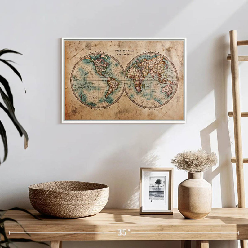 Hemisphere Map, 19" X 13", Floating Frame White