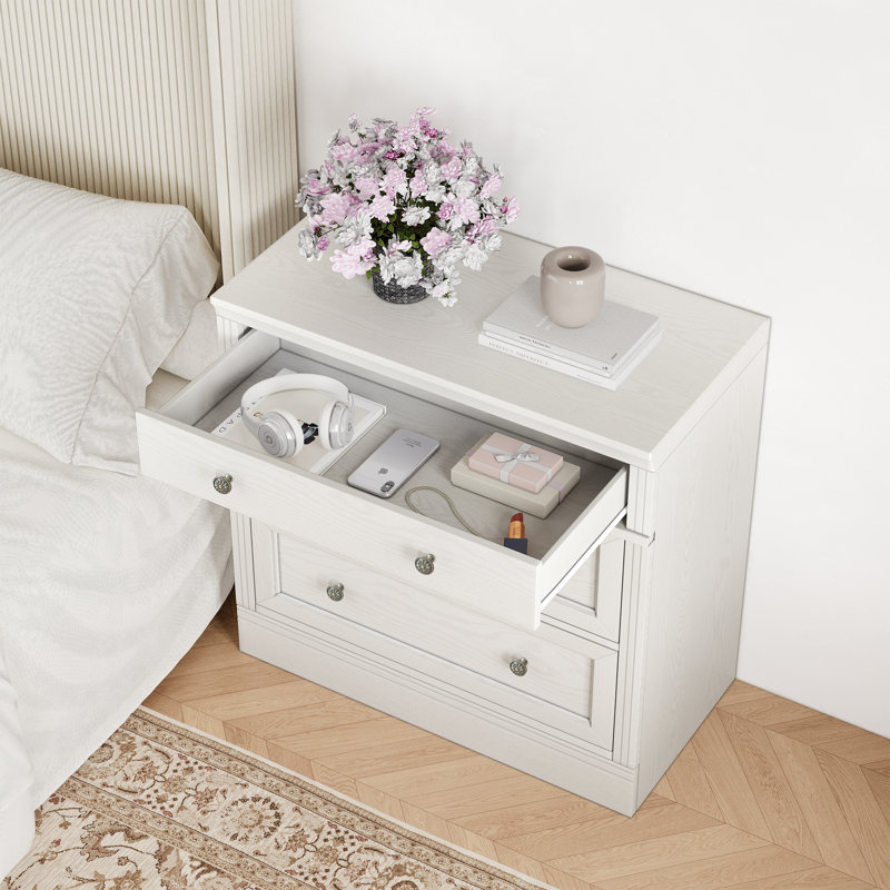 Table de chevet surdimensionnée à 3 tiroirs Retro Elegant, Blanc